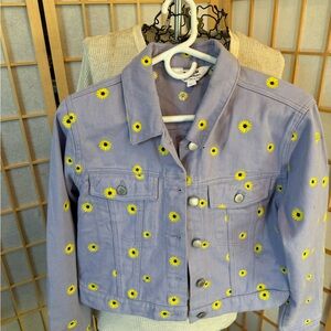 Miss Selfridge Lavender Crop Jean Jacket with Yellow Floral Accents